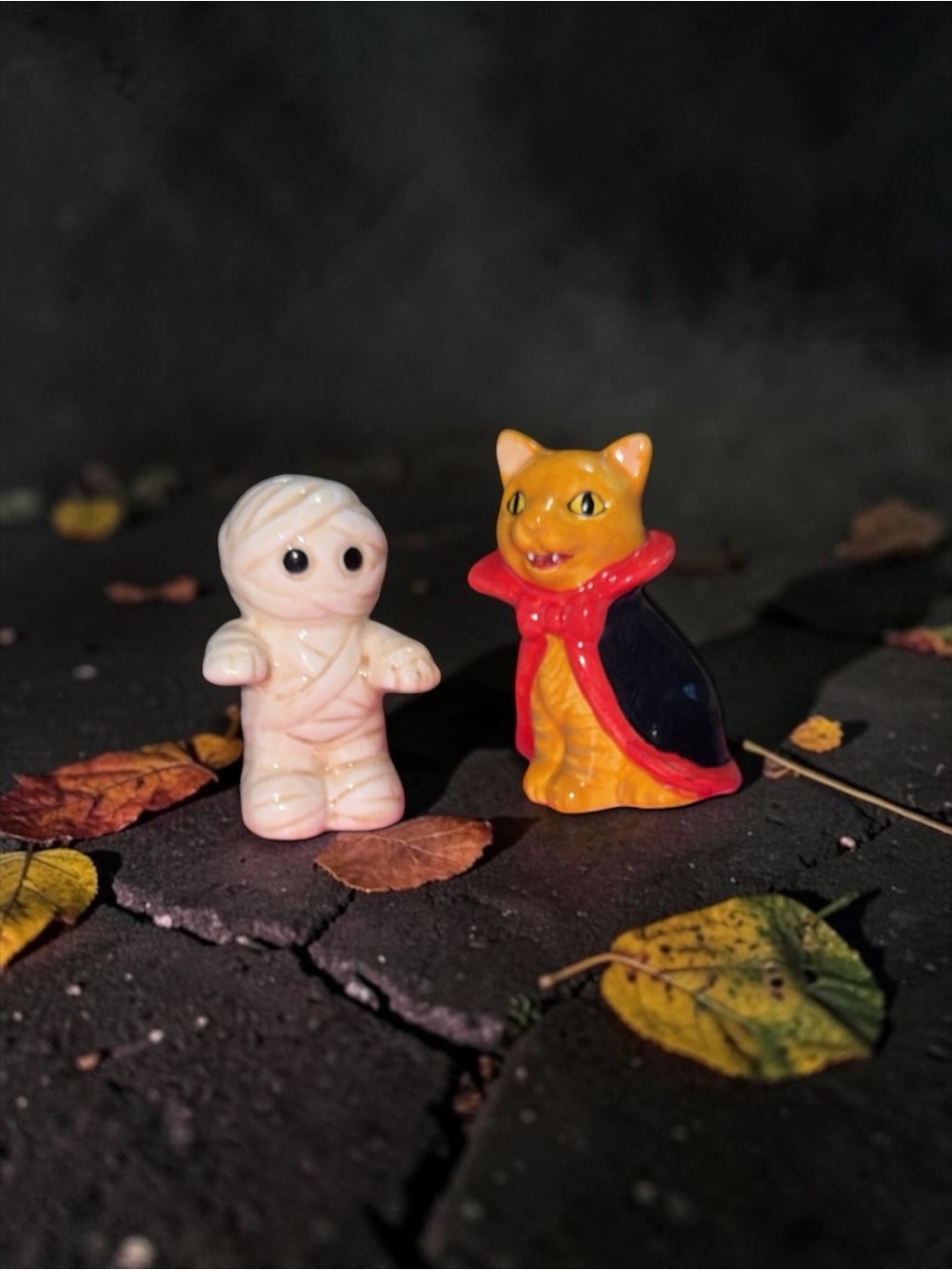 Halloween Ceramic Mummy and Cat Salt & Pepper Shaker Set - Orange, Black, White